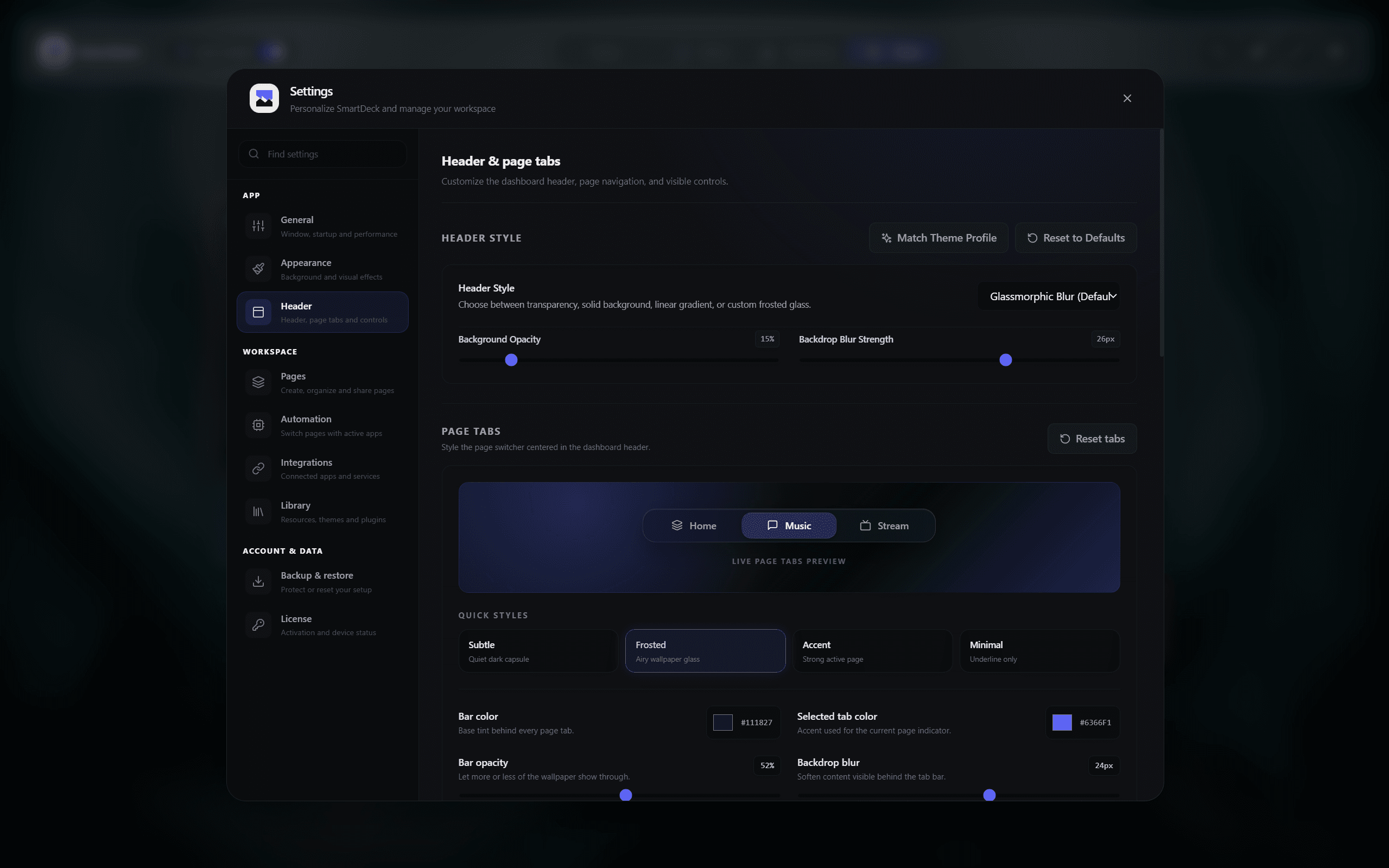 SmartDeck settings for customizing header style, page tabs, opacity, colors, and blur