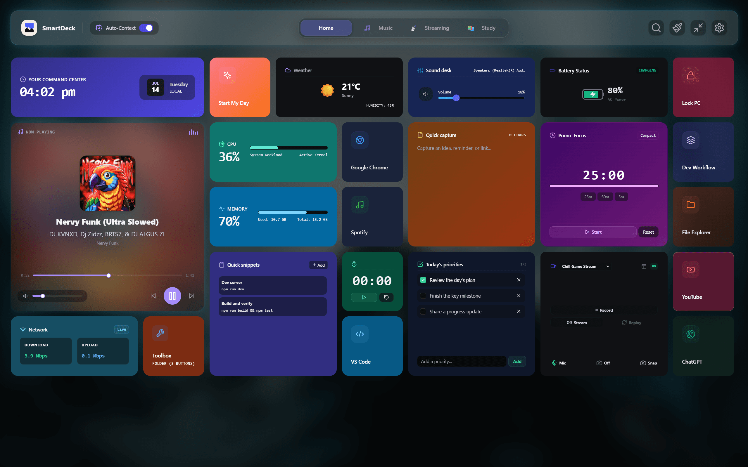 SmartDeck command center with shortcuts, media, timers, system monitoring, tasks, and OBS controls