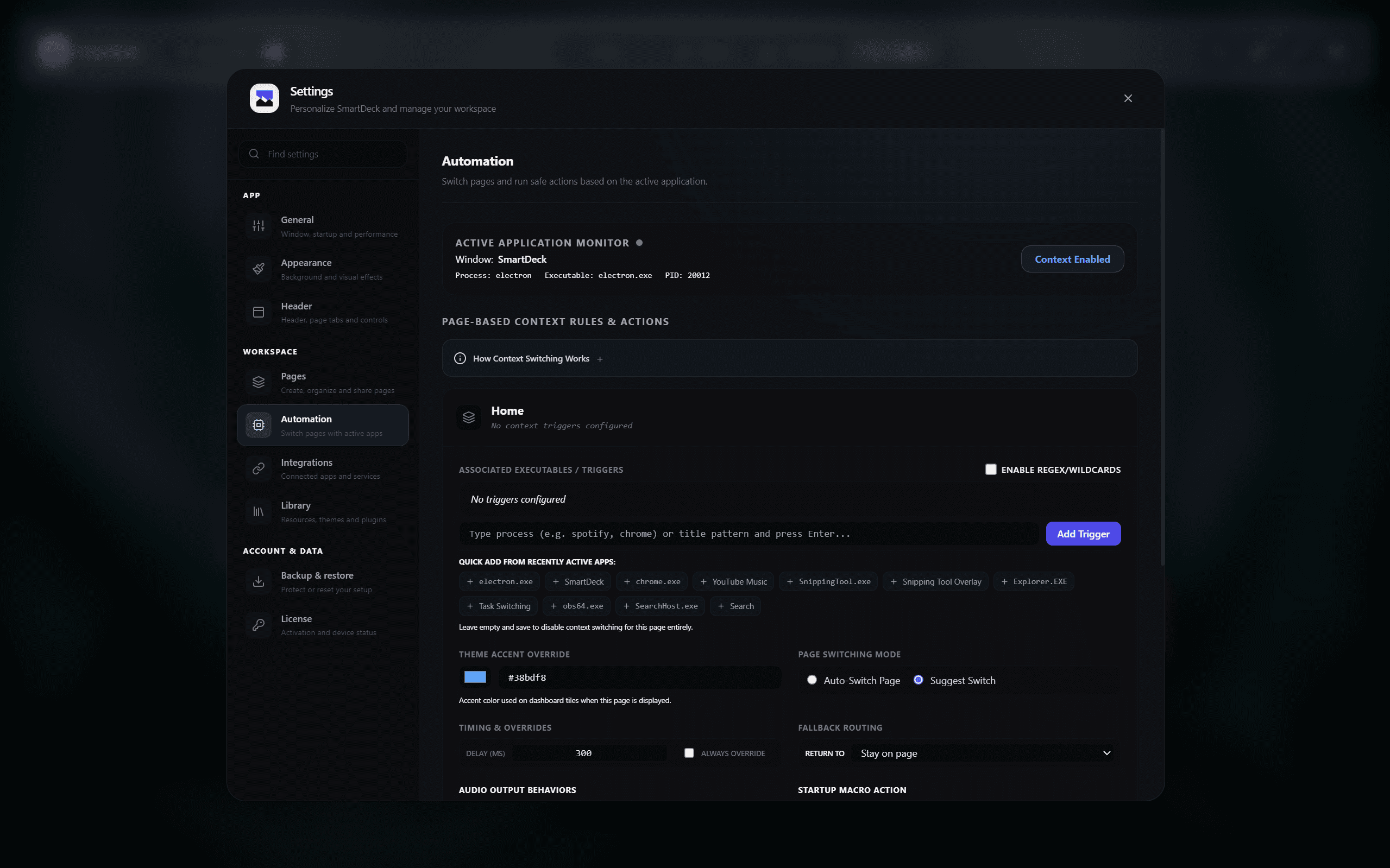 SmartDeck automation settings for matching pages and actions to active applications