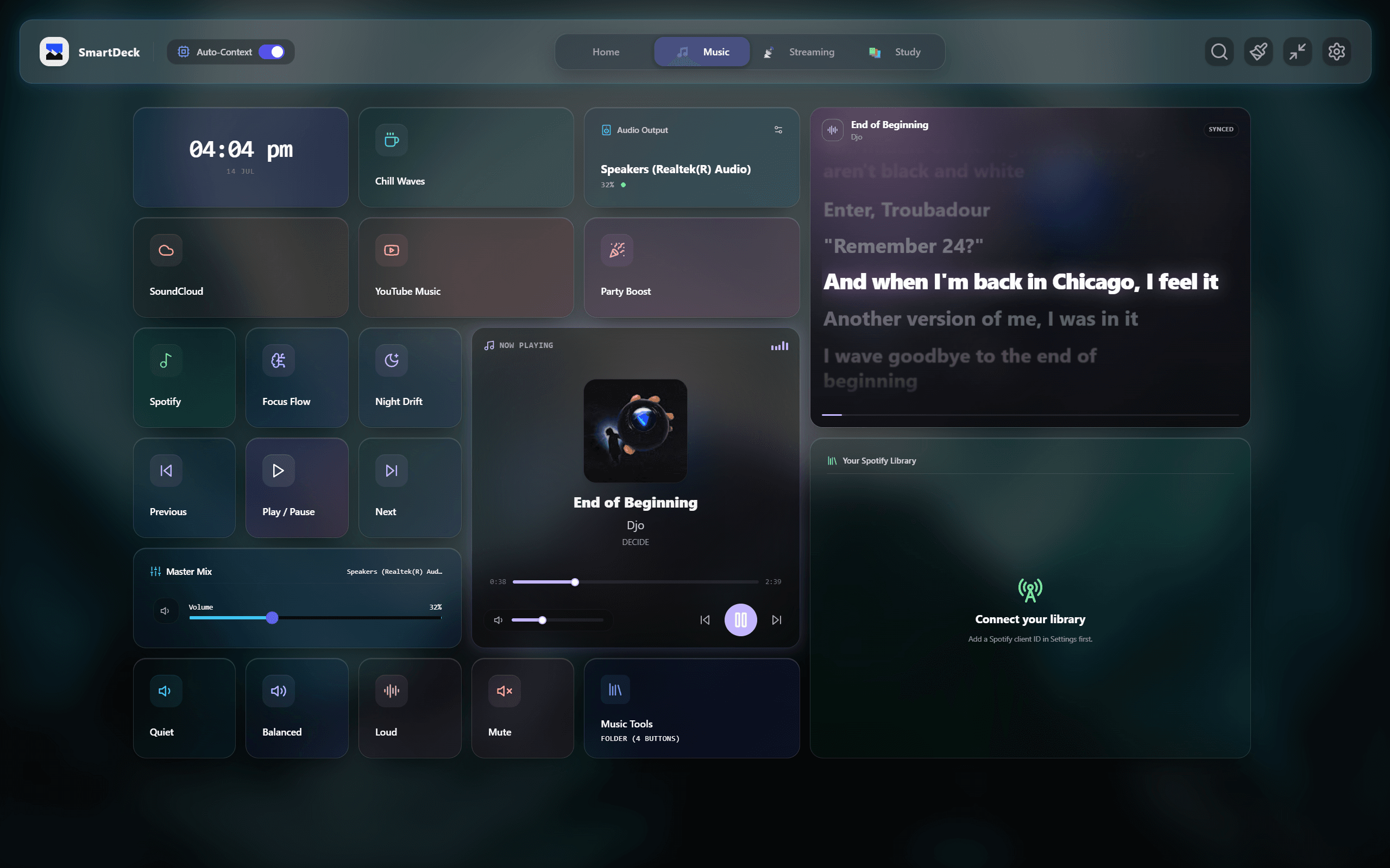 SmartDeck music workspace with playback, lyrics, volume, audio output, and listening shortcuts
