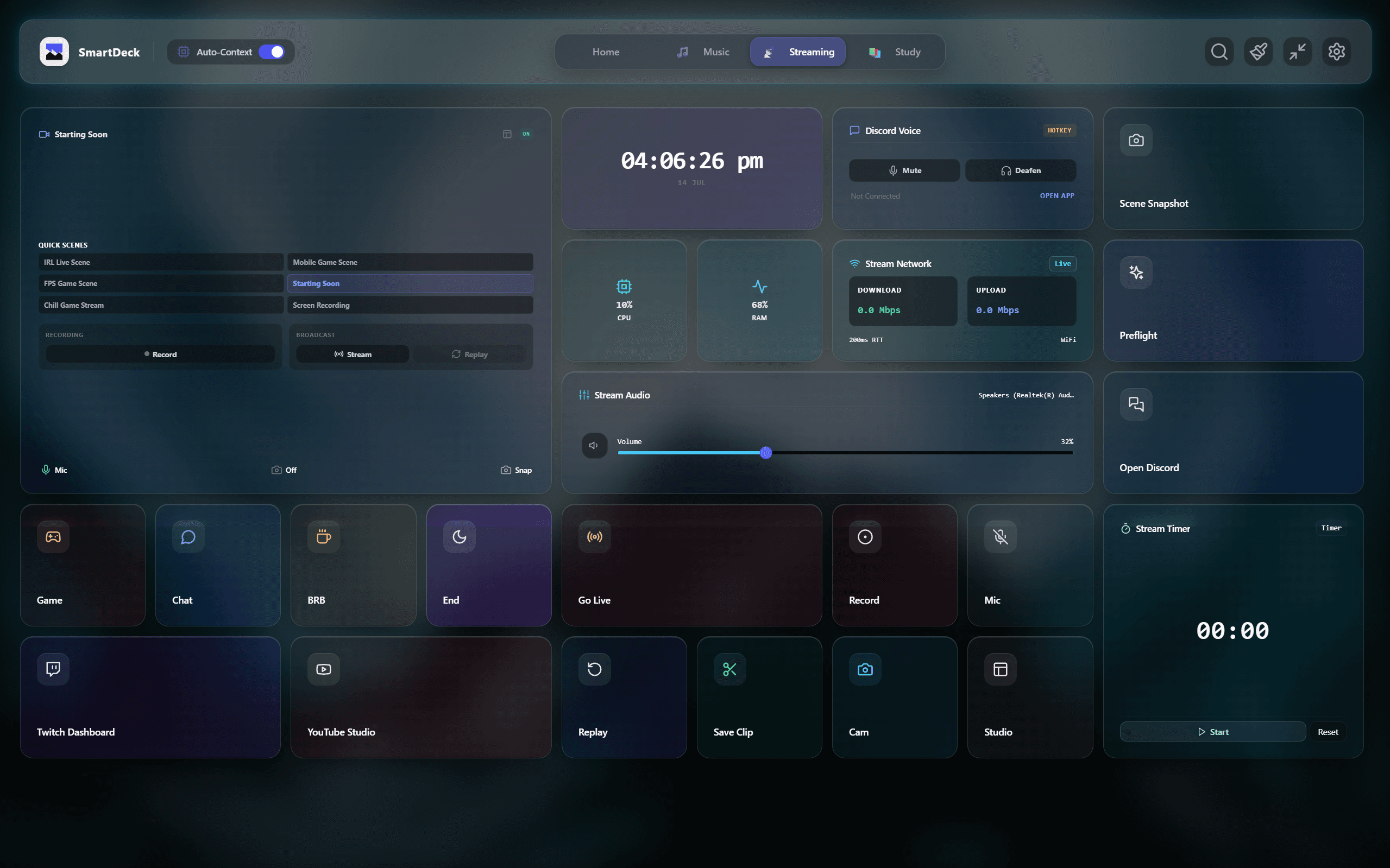 SmartDeck streaming workspace with OBS scenes, recording, Discord voice, audio, and network controls